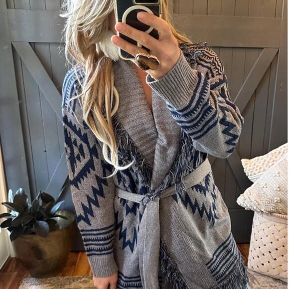 Western Aztec Tribal Print Grey Long Belted Cardigan Sweater Shirt Top Coat - Picture 5 of 6